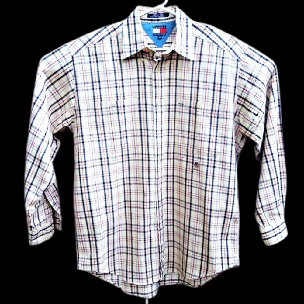 DUP Tommy Hilfiger Mens Shirt 100 Cotton Vintage Plaid Lion Crest Preppy M - Picture 6 of 6